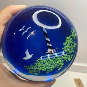 Heavy Art Glass Paperweight Nautical Lighthouse Ocean Blue Beach Seagulls